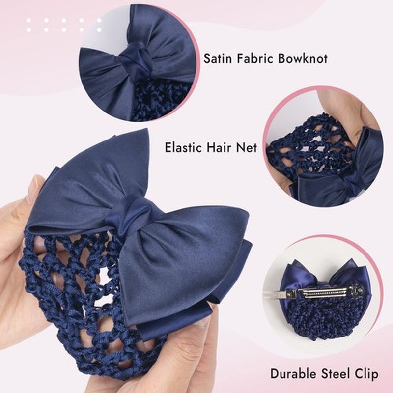 TXIN Women's Hair Accessories: Satin Bow Crochet Knit Red Snood with Bowknot Barrette, Non-slip Mesh Hair Clips for Work and Girls