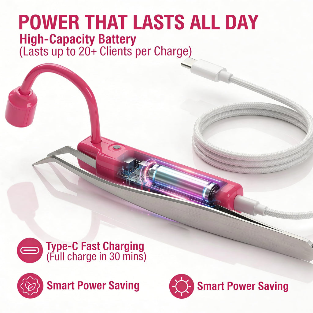 2-in-1 Mini UV Lash Light 180° Rotation Attachment for Tweezers - 1-2s Rapid Cure LED Lamp for Eyelash Extensions - Cordless, Lightweight (1 oz), Rechargeable - Eliminate Floor UV Lamps Hot Pink