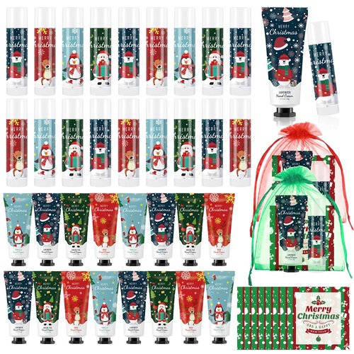 Heigble 12 Set Christmas Hand Cream Gift Set, Including Moisturizing Hand Lotion, Xmas Lip Balm, Gauze Bags, Thank You Cards Natural Fragrant Bulk Christmas Gifts for Coworkers Employees Stuffers