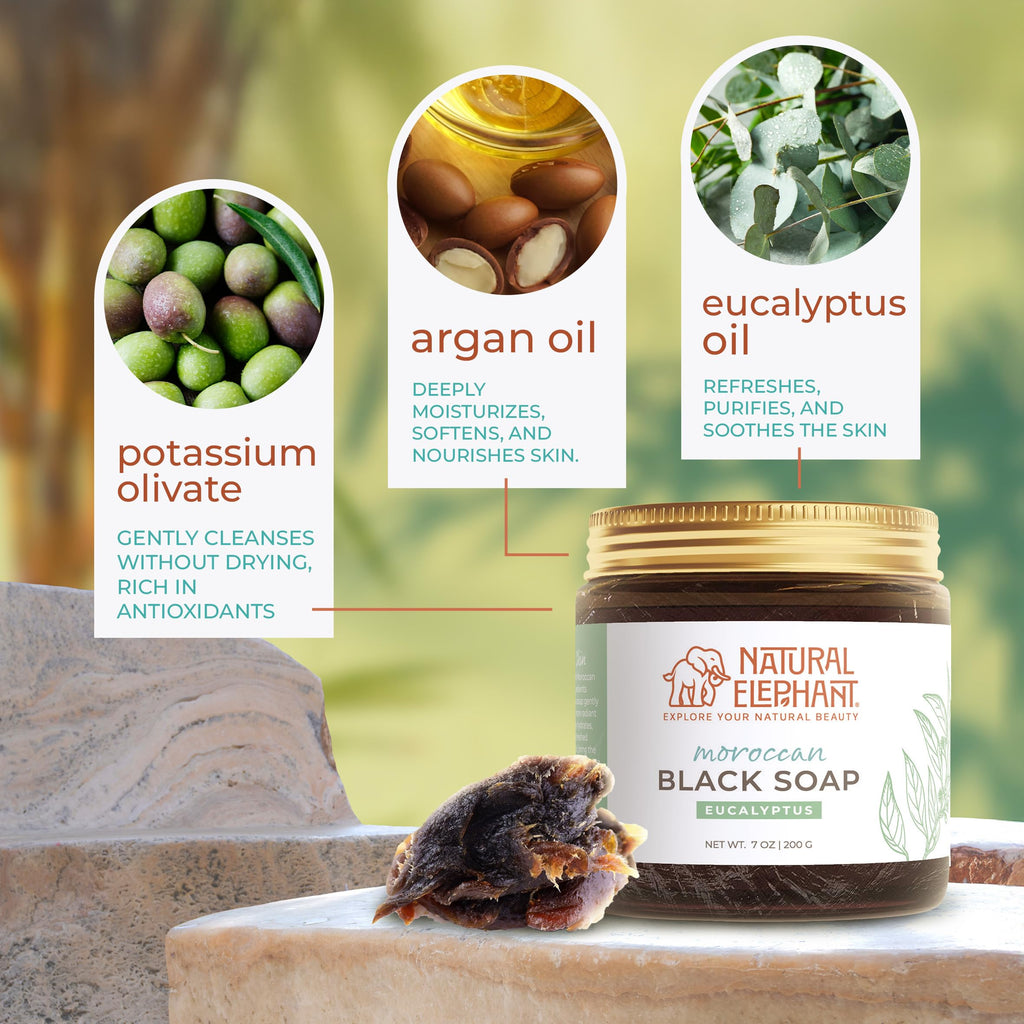 Natural Elephant Moroccan Black Soap | 7oz | Nila Indigo | Traditional Hammam Beldi Soap, 100% Natural Ingredients, Ideal for Exfoliating and Even Skin Appearance