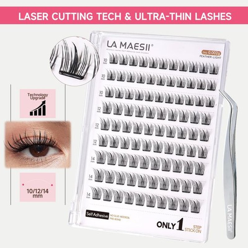 La Maesii Self Adhesive Eyelashes Kit, Natural Look 10-14mm Lash Clusters Kit Reusable Lash Clusters Pre-Glued DIY Eyelash Extensions, No Glue Needed, No Residue, Easy to Apply (Hybrid)