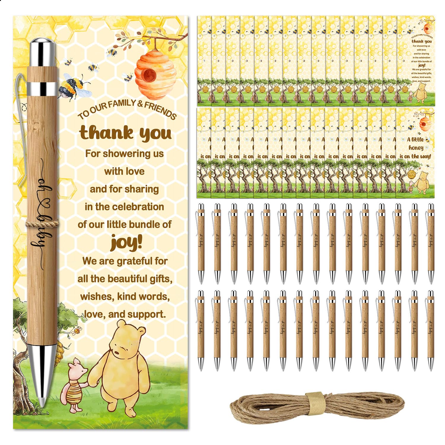 Toerifer 30 Pcs Winnie Baby Shower Favors for 30 Guest, Thank You Gift Sets, Included Bamboo Pens Greeting Cards, Gender Reveal Souvenirs Prizes, Winnie Honey Bee Baby Birthday Decor