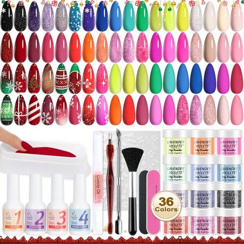 Lavender Violets 48 Pcs Dip Powder Nail Kit Starter, 36 Colors Pink Red Yellow Green Blue with Dip Powder Liquid Set and Essential Manicure Tools for Nail Art Designs B950