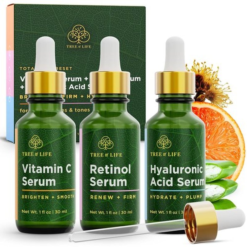 Tree of Life Beauty Facial Skin Care Set | Brightening & Firming Serums with Vitamin C, Retinol & Hyaluronic Acid - 1 Fl Oz (Pack of 3)