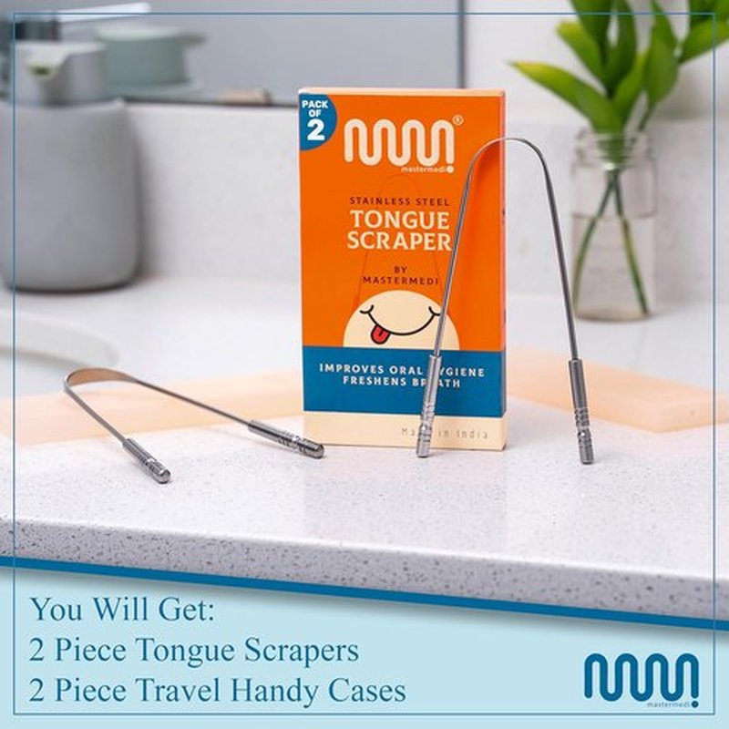 MasterMedi Tongue Scraper - 100% Stainless Steel Tongue Cleaner with Multicolor Travel Cases (2 Pack) for Fresh Breath