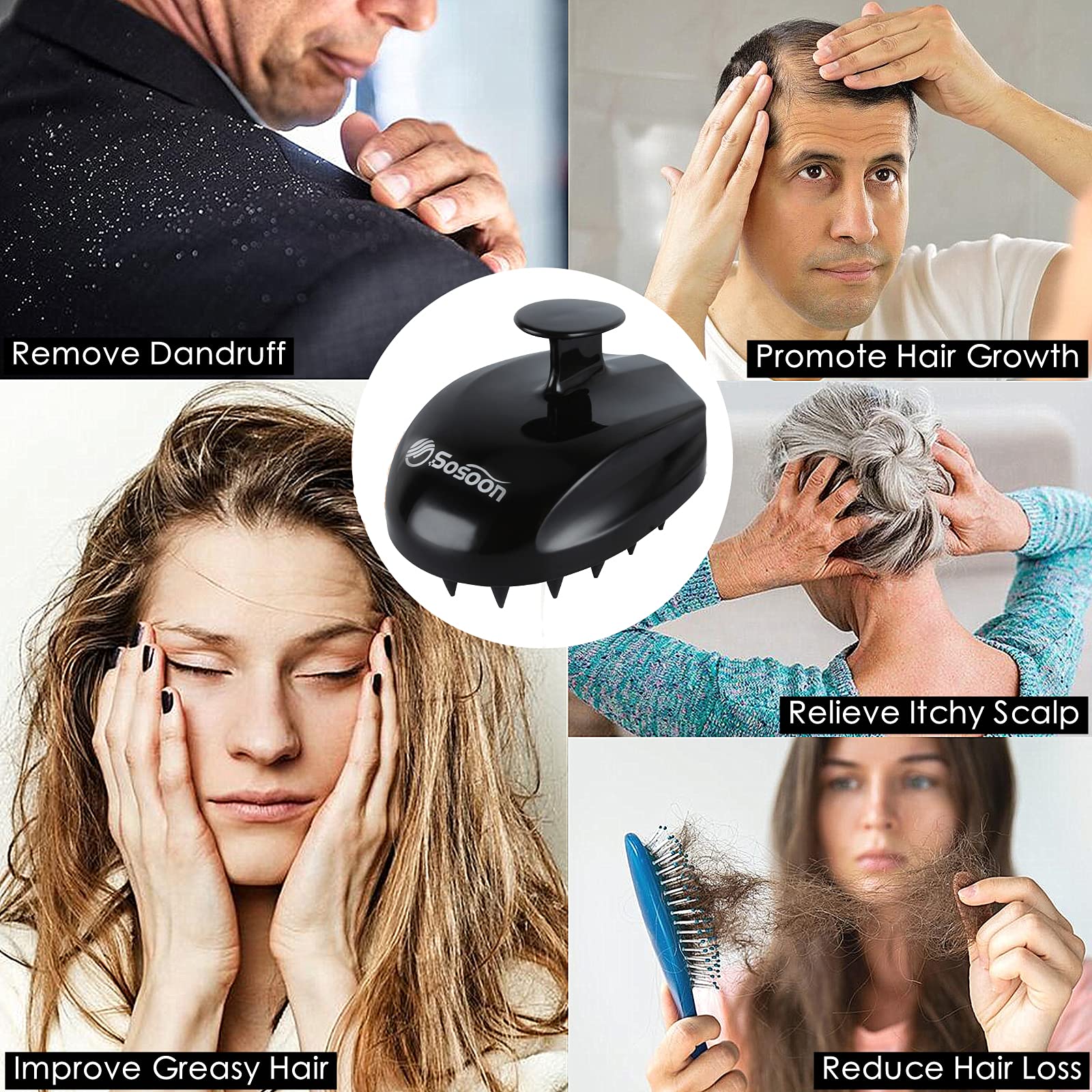 Sosoon Scalp Massager Shampoo Brush, Hair Scalp Scrubber Shower Hair Brush Head Massager for Stress Relax Hair Growth, Dandruff Brush Scalp Exfoliator for Women Men Kids Pets, Black