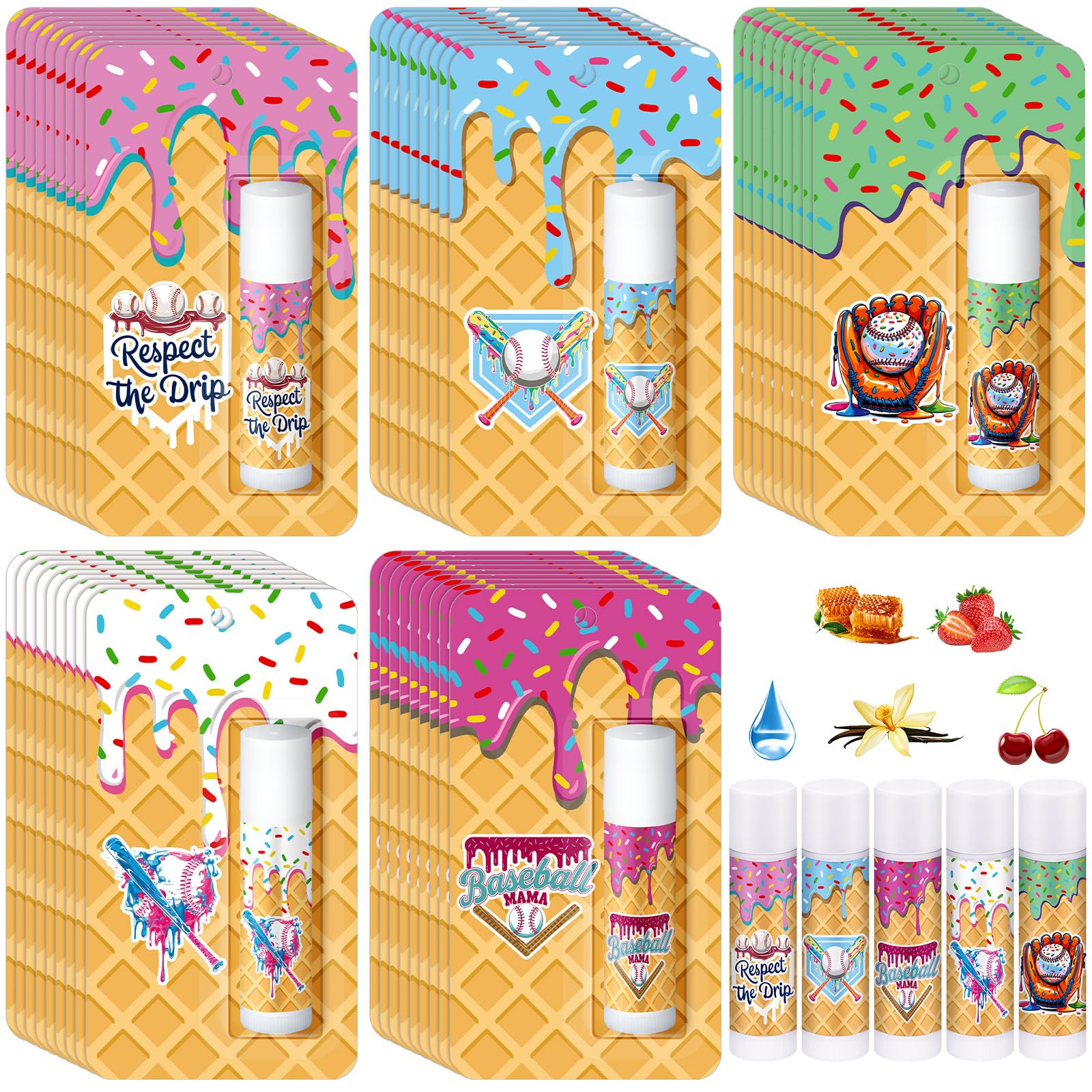 Loopeer 45 Pcs Ice Cream Baseball Drip Party Favor Gifts Bulk Baseball Drip Lip Balms Goodie Bags Favors Sports Team Gifts Birthday Party Decoration Inspirational Accessories for Teen Adult(Classic)
