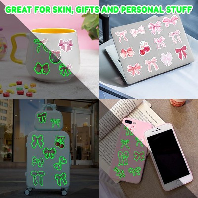 96 PCS Pink Bow Pre-Cut Temporary Tattoos Themed Birthday Party Decorations Decor Supplies Favors Funny Girl Coquette Knot Tattoo Stickers Gifts For Game Boys Girls Classroom School Prizes (Glow)