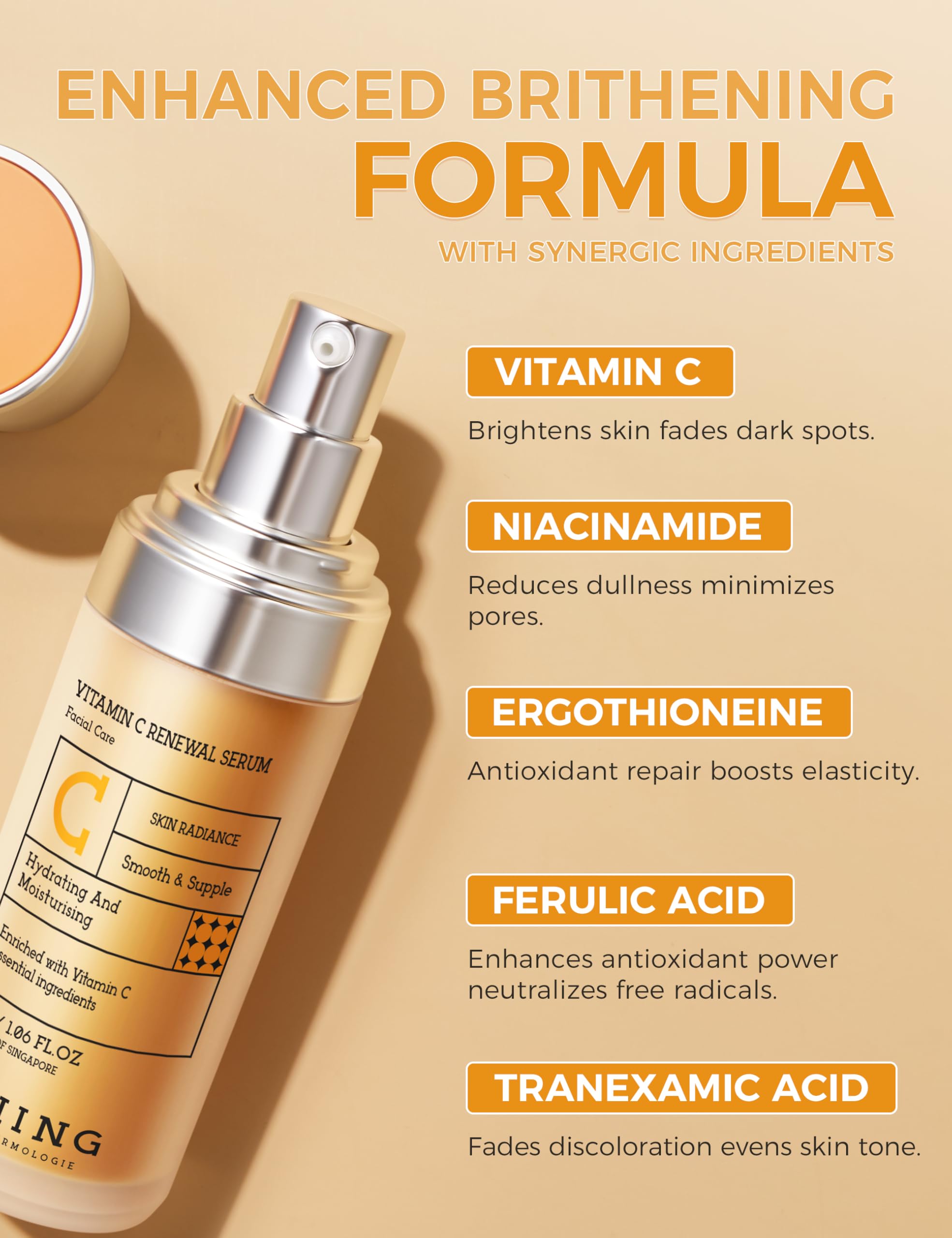 NING DERMOLOGIE Vitamin C Serum with Niacinamide & Ethyl Ascorbic Acid: Brightening, Moisturizing Face Serum for Dark Spots | Hyperpigmentation & Anti-Aging Treatment | Korean Synergy Formula 1.01oz