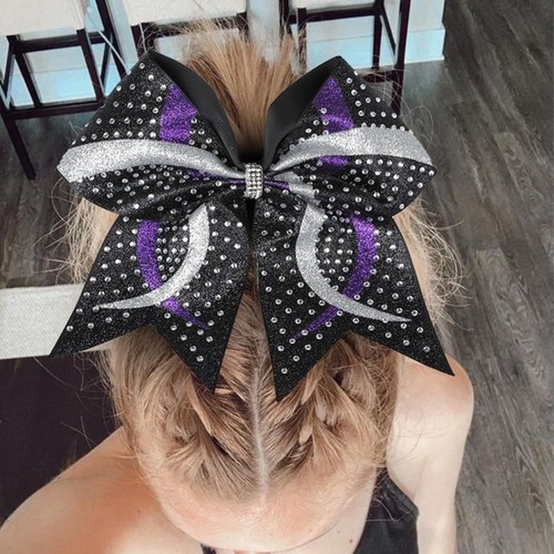 6PCS Full Glitter Rhinestone Cheer Bows Criss Cross Stiff Competition Large Cheerleading Hair Bows Elastic Band for Cheerleaders Girls -Black/Purple/Silver