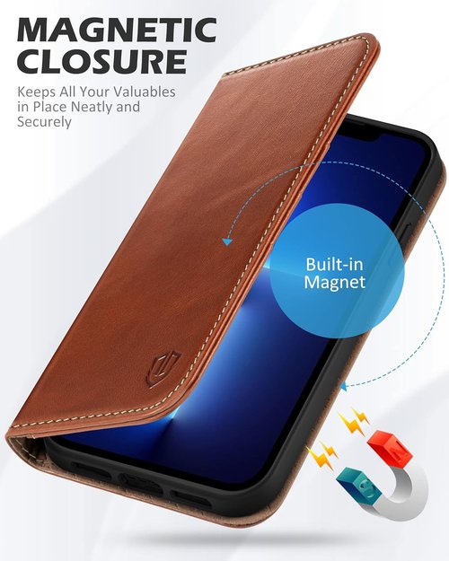 SHIELDON Genuine Leather Folio Wallet Case for iPhone 13 Pro 5G - RFID Blocking, Shock Absorbing, Retro Brown