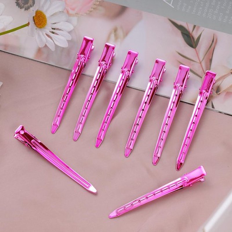 24 Packs Duck Bill Clips, Bantoye 3.35 Inches Rustproof Metal Alligator Curl Clips with Holes for Hair Styling, Hair Coloring, Bright Pink