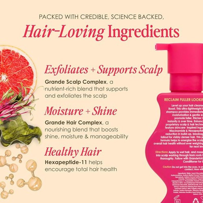 Grande Cosmetics GrandeHAIR Full Boost Shampoo & Conditioner - Sulfate-Free Formula with Niacinamide, Biotin & Rice Protein for Healthier, Fuller Hair