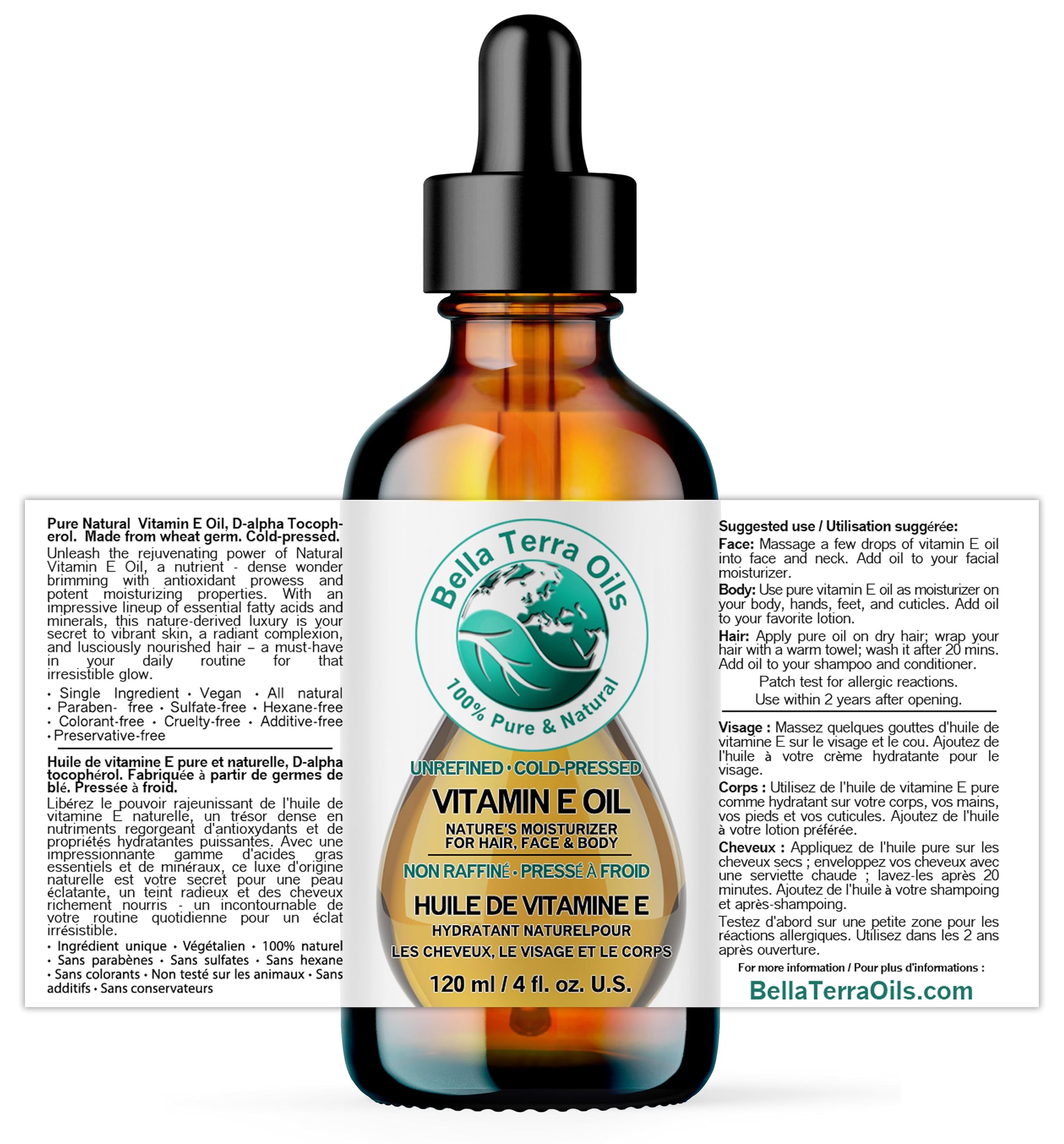 Bella Terra Oils Pure Vitamin E Oil, All Natural, d-Alpha Tocopherol – 1 Gallon, Derived from Wheat Germ, Supports Skin & Hair Health