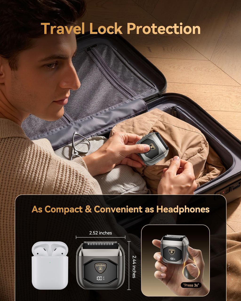 EchoByte Full Metal Electric Foil Shaver for Men: 4 Floating Blades, IPX7 Waterproof Wet & Dry Mini Razor, 120-Min Runtime USB-C Rechargeable, Quiet Travel Groomer with LED Display & Travel Lock
