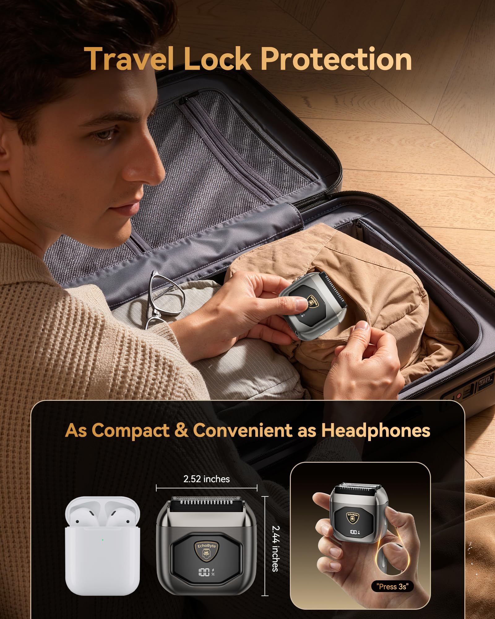 EchoByte Full Metal Electric Foil Shaver for Men: 4 Floating Blades, IPX7 Waterproof Wet & Dry Mini Razor, 120-Min Runtime USB-C Rechargeable, Quiet Travel Groomer with LED Display & Travel Lock