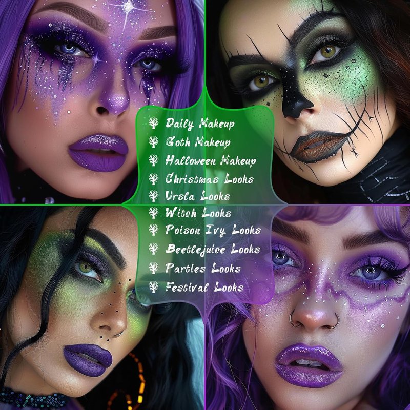 UCANBE Eyeshadow Palette Set - 2pcs Green & Purple Shimmer Matte Eye Shadows with Soft Brush for Halloween Cosplay