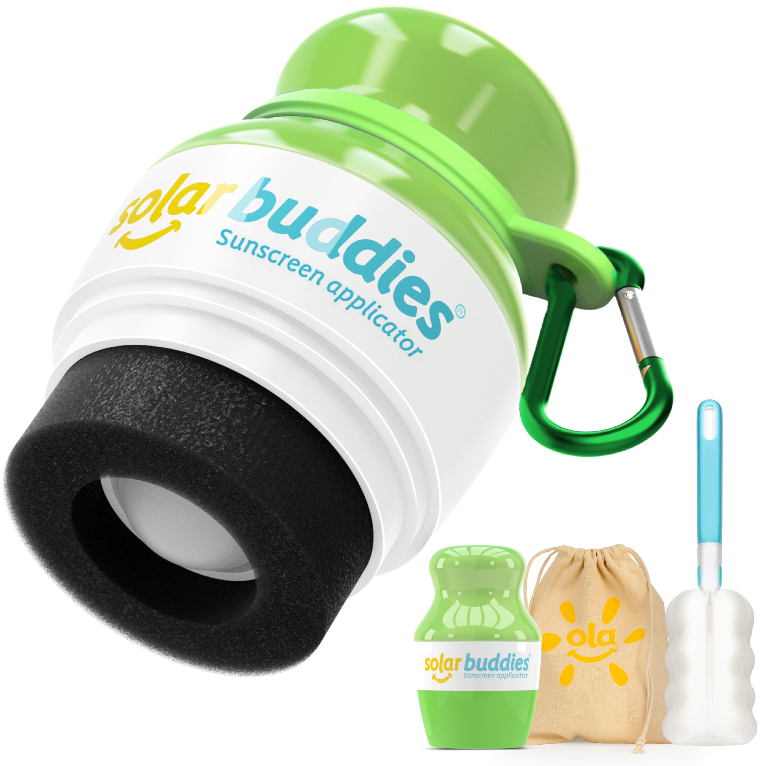 Solar Buddies Grab & Go Travel Bundle, Carabina Clip & Cleaning Brush - Single Full Green - Refillable Roll on Sponge Sunscreen, Suncream & Lotion Applicator For Kids, Adults & Families - Holds 100ml