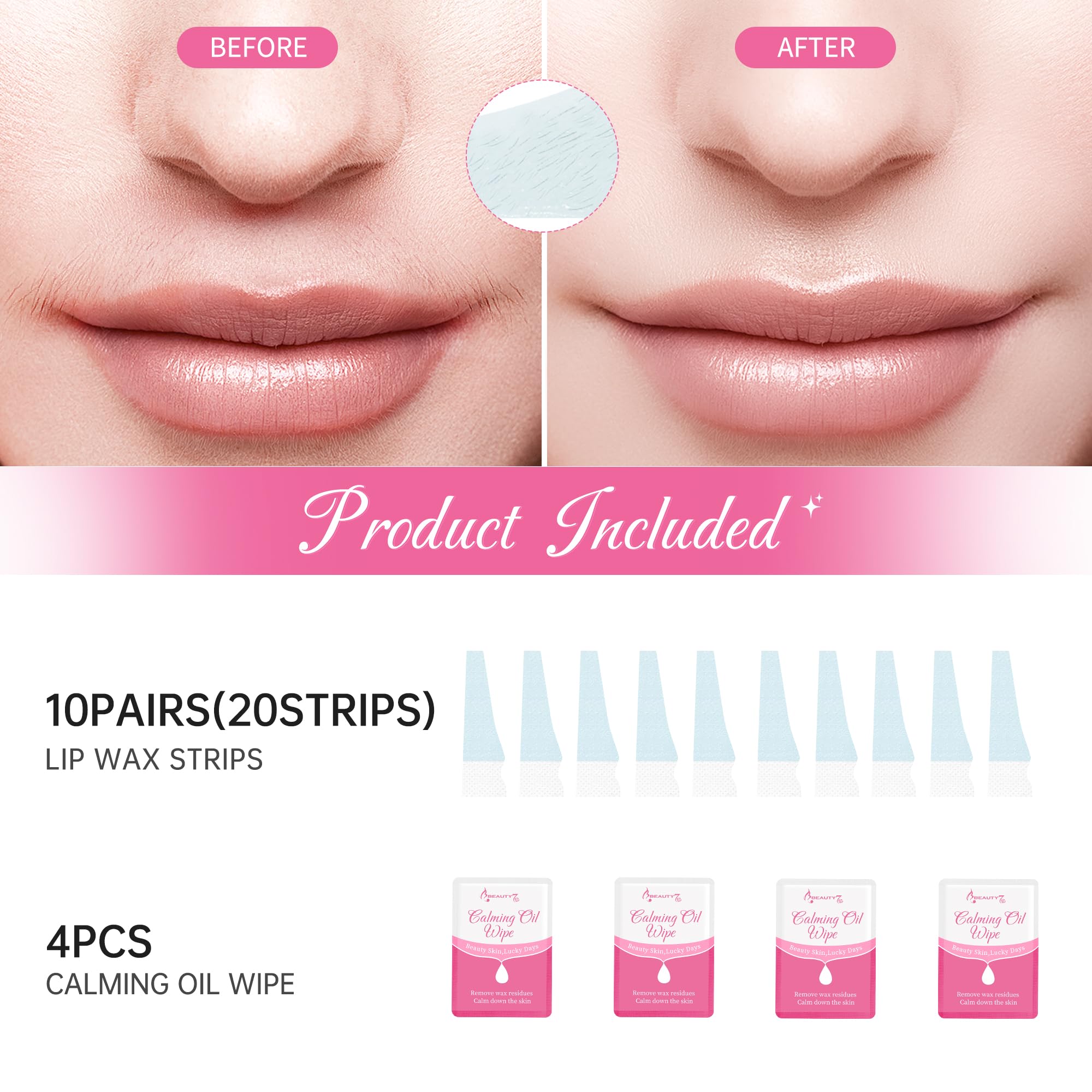 Beauty7 Sensitive Lip Wax Strips, Facial Wax Strips, Hair Removal 20 pcs with 4pcs Calming Oil Wipes, at Home Waxing for Women
