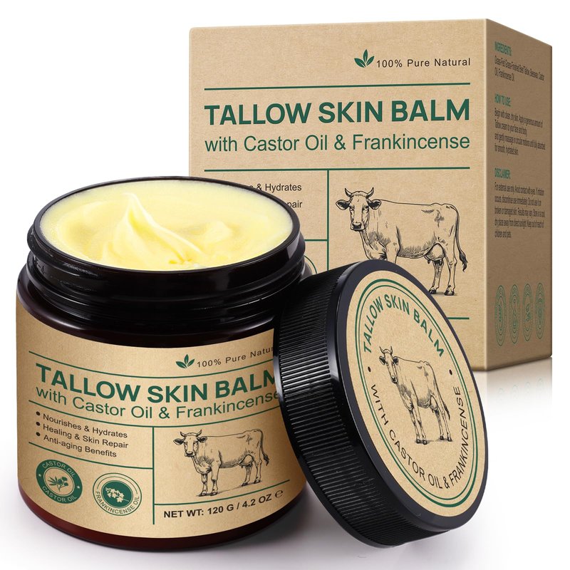 ZIXAOK 100% Grass-Fed Tallow, Organic Castor & Frankincense Oil Face Balm - Age-Defying Moisturizer for Sensitive & Dry Skin, Repairs Skin Barrier, Handmade for Face & Body, 4.2oz