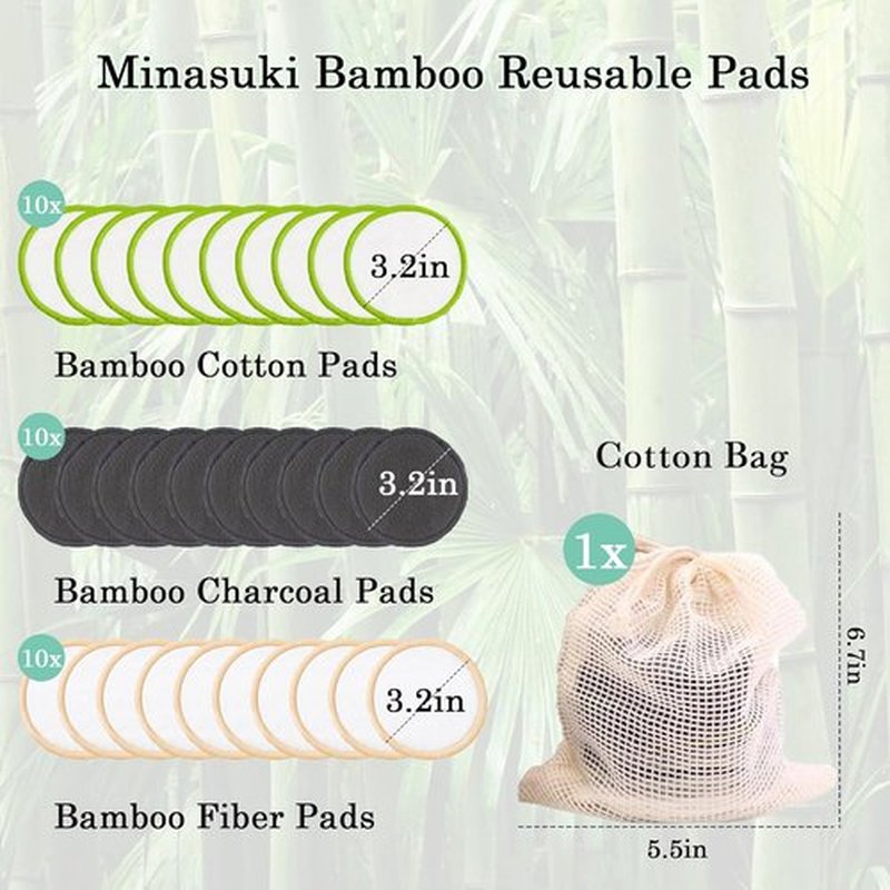 Skiennix Reusable Makeup Remover Pads - 30 Soft Bamboo Cotton Rounds with Washable Mesh Bag