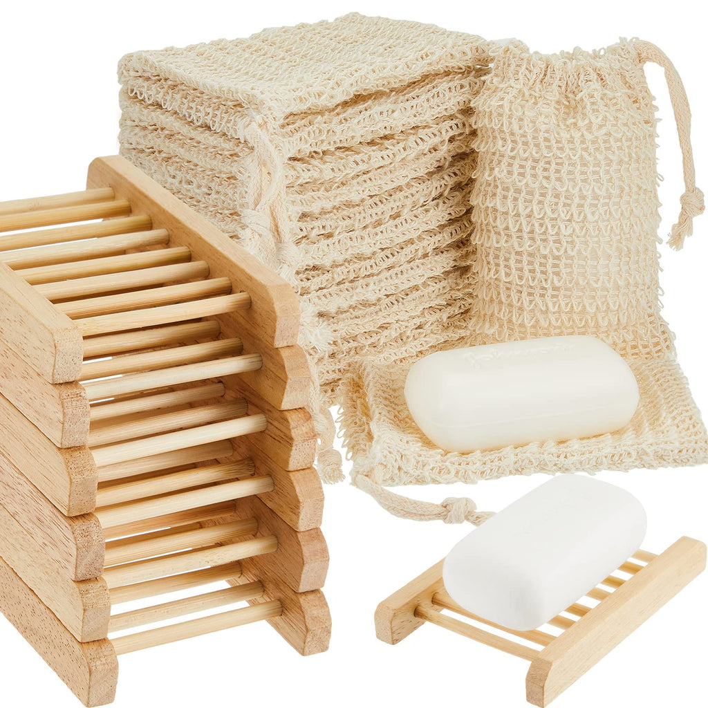 40 Pack Soap Exfoliating Bag Holder Set with 30 Pieces Mesh Sisal Soap Saver Bag Pouch and 10 Pieces Bamboo Wood Holder for Bath and Shower Use