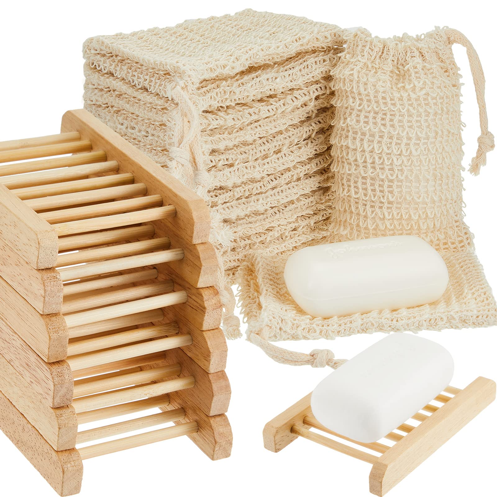 40 Pack Soap Exfoliating Bag Holder Set with 30 Pieces Mesh Sisal Soap Saver Bag Pouch and 10 Pieces Bamboo Wood Holder for Bath and Shower Use