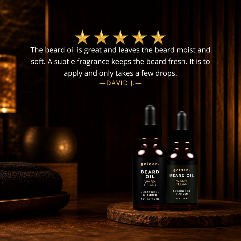 Golden Grooming Beard Oil for Men - Natural Beard Conditioner with Sweet Almond, Golden Jojoba & Argan Oil - Hydrating Beard Softener with Vitamin E - Warm Cedar, 1oz