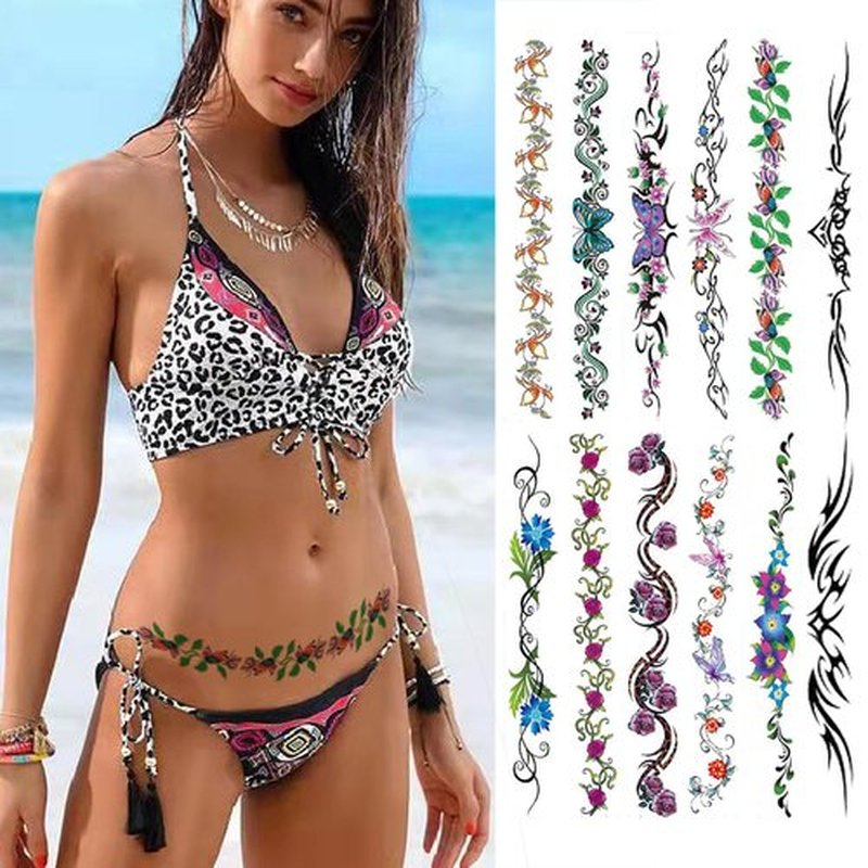 Sexy Flower Navel Tattoos 12 Sheets Long Belly Abdomen Waist Back Waterproof Temporary Tattoos Fake Body Art Stickers for Women