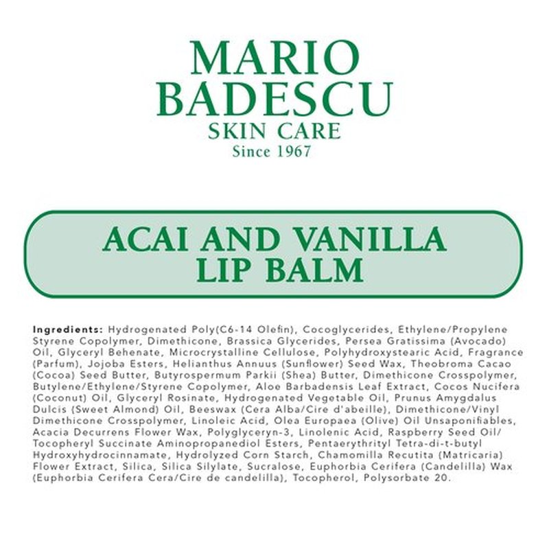 Mario Badescu Moisturizing Acai and Vanilla Lip Balm for Dry Cracked Lips, Infused with Coconut Oil and Shea Butter, Ultra-Nourishing Lip Care Moisturizer for Soft, Smooth and Supple Lips, 0.35 Oz