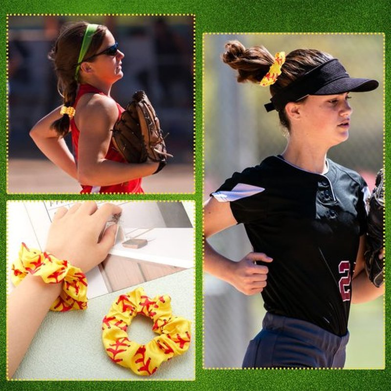 24 Pcs Softball Scrunchies Yellow Softball Party Favors Bulk Hair Ties Satin Hair Scrunchies Soccer Gifts for Team Accessories Sport Lovers Player and Teams Sports Hairbands Ponytail Holders