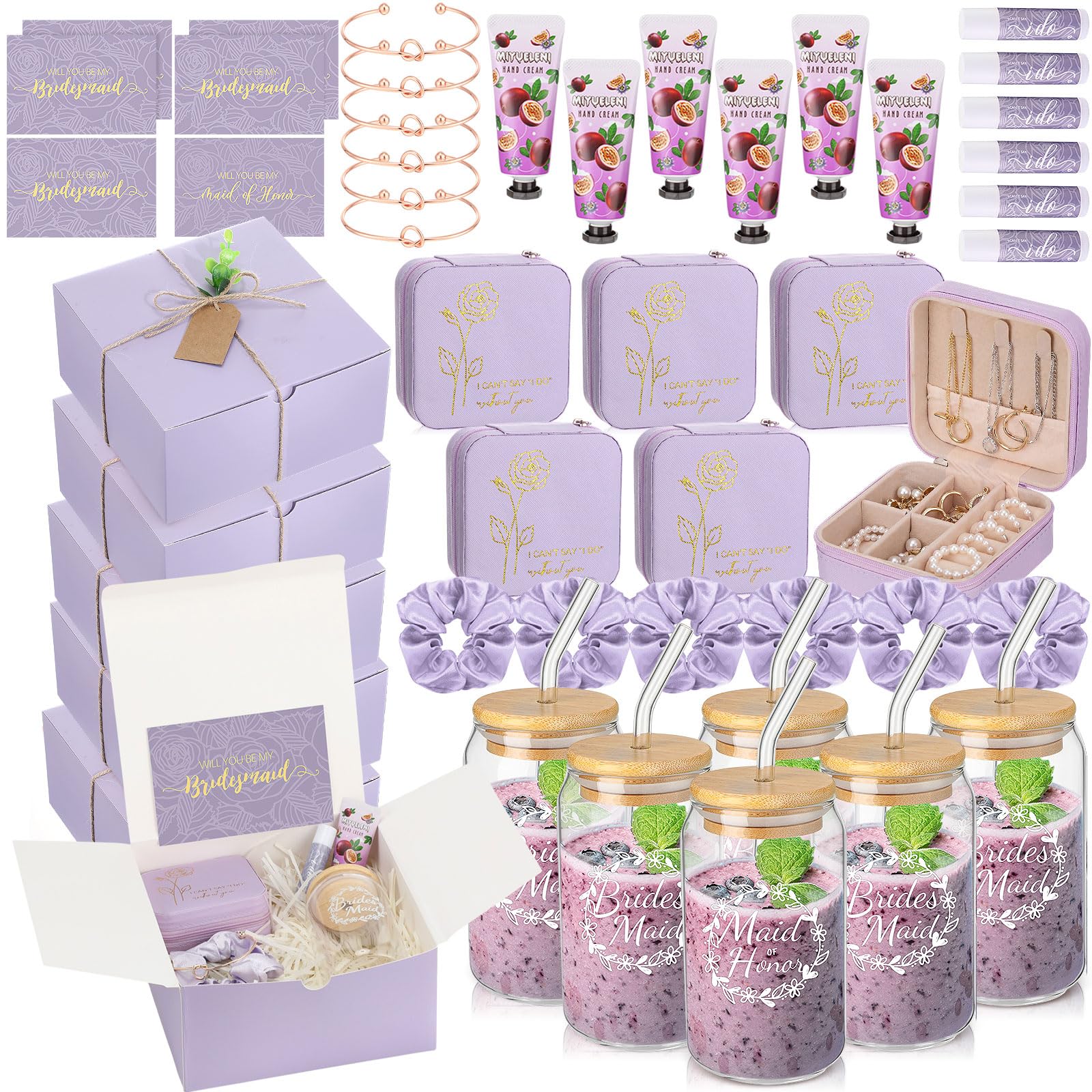 Teenyyou 60 Pcs Bridesmaid Proposal Gifts Bridesmaid Box Set Maid of Honor Gift Wedding Bridal Shower Include Jewelry Box Glass Cup Scrunchies Hair Knotted Bracelets Hand Cream Lip Balm Cards(Purple)