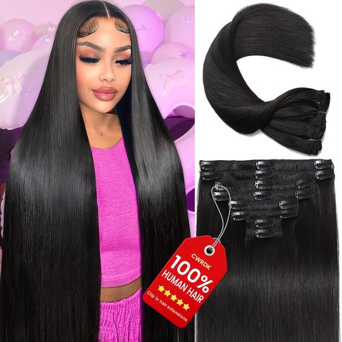 CWRDK Clip in Hair Extensions Real Human Hair, 20inch 110g/3.8oz, Invisible Remy Human Hair Extension Clip ins for Women, Seamless Straight 8pcs Double Weft, #1B Natural Black