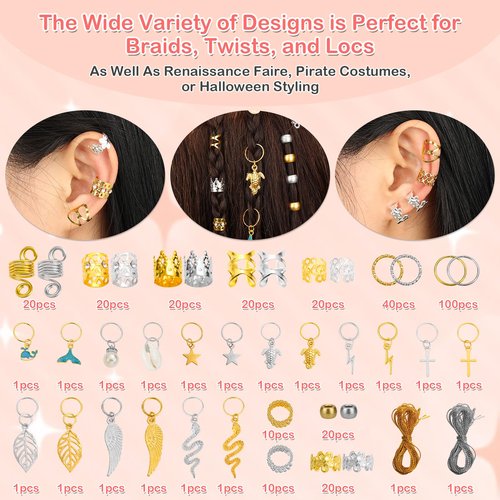 324 Pcs Gold and Silver Hair Jewelry for Braids, Dreadlock Accessories for Women Men, Metal Hair Cuffs Rings Clips Charms Beads for Braids Locs, Perfect for Parties, Festivals, Weddings, Daily Styling