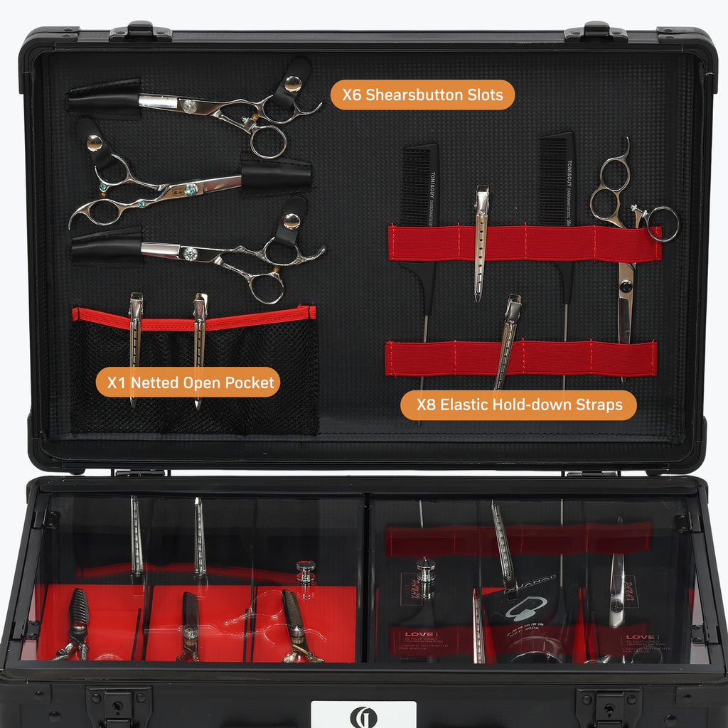 Large Barber Case Organizer, Professional Barber Briefcase with 6 Clipper Slots & 8 Shear Holders, Sliding Tray, 20" Aluminum Barber Carrying Tool Case for Clippers, Scissors, Trimmers & Supplies