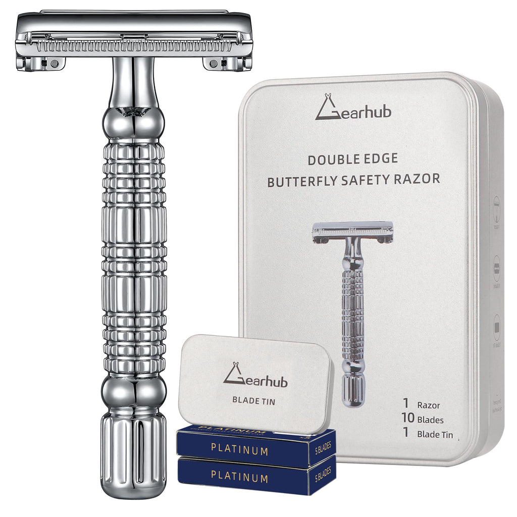 Gearhub Butterfly Double Edge Safety Razor Reusable Stainless Metal Wet Shaving Razor with 10 Swedish Platinum Blades for Men Women Barber Bikini Armpit Hair GR179