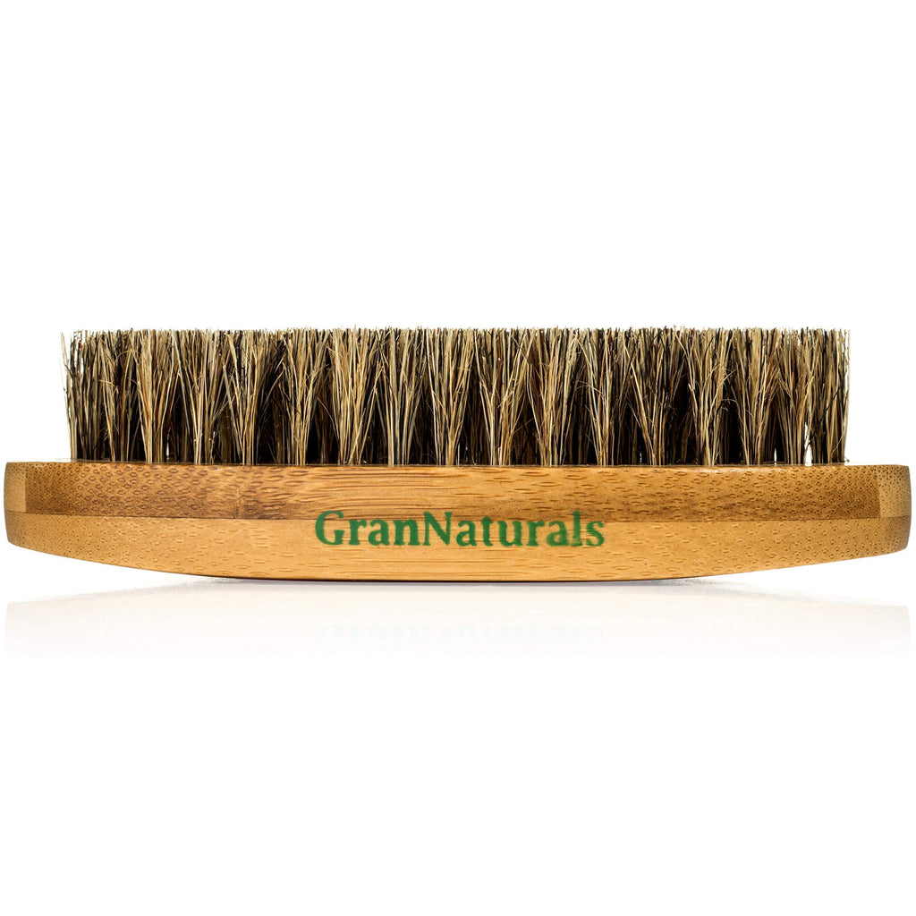 GranNaturals Military Style Boar Bristle Hair Brush for Men and Boys - Palm Size Hairbrush and Beard Brush for Grooming Thin, Fine, Facial and Short Hair - Soft Bristle Slick Back & Smoothing