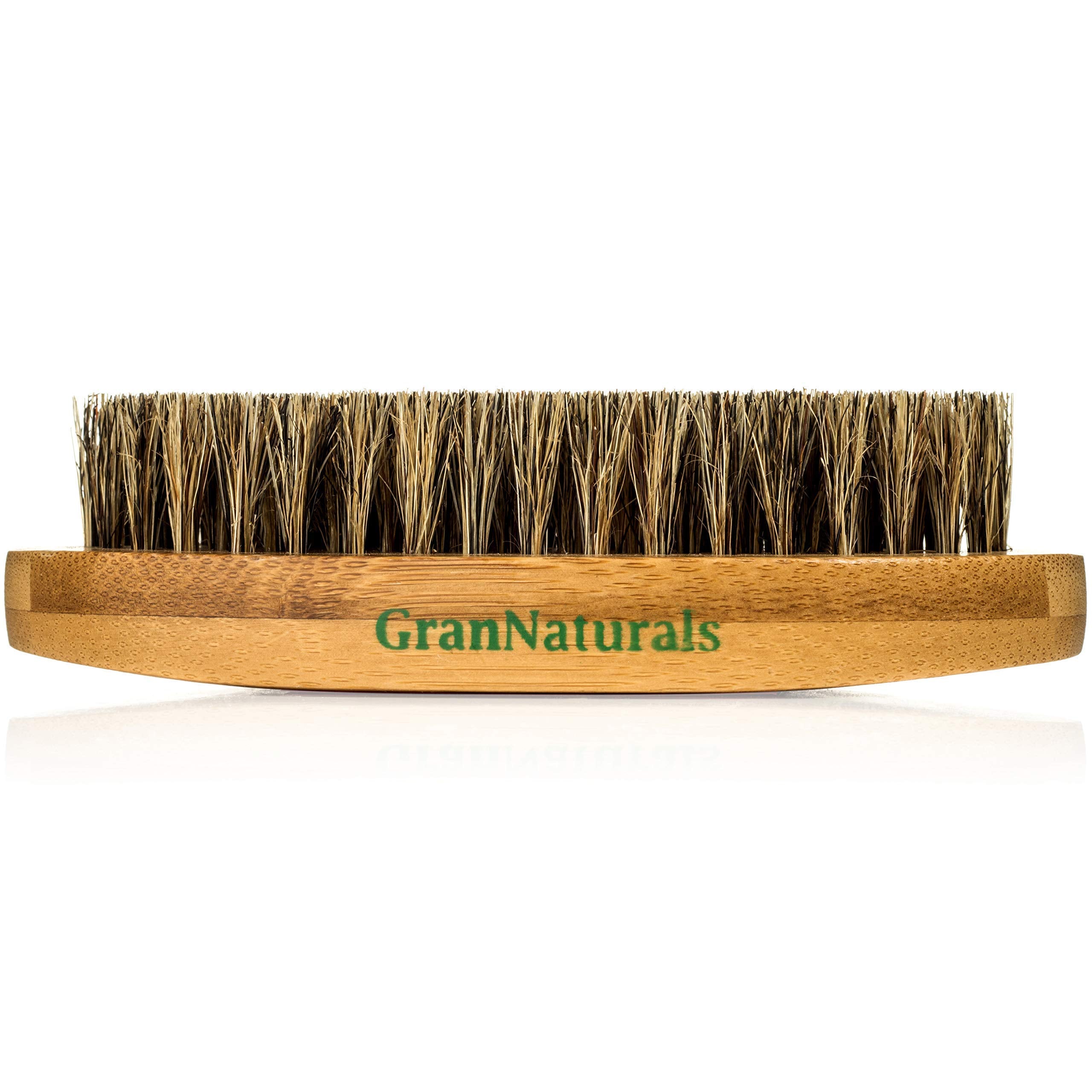 GranNaturals Military Style Boar Bristle Hair Brush for Men and Boys - Palm Size Hairbrush and Beard Brush for Grooming Thin, Fine, Facial and Short Hair - Soft Bristle Slick Back & Smoothing