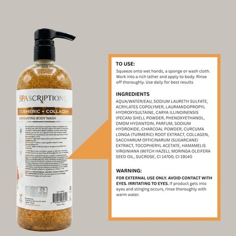 SpaScriptions Turmeric & Collagen Body Wash - Brightening Gentle Exfoliation Shower Gel Scrub for Men and Women with Brown Sugar & Vitamin E for Glowing Hydrated Skin, Scented, Paraben Free 33 fl oz