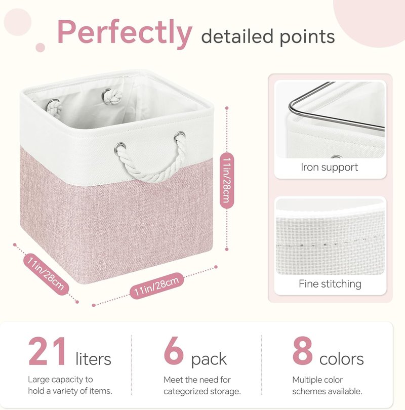 FinishingBo Cube Storage Bins - 6 Pack 11x11 Inch with Cotton Handles for Closet & Shelves | White/Pink