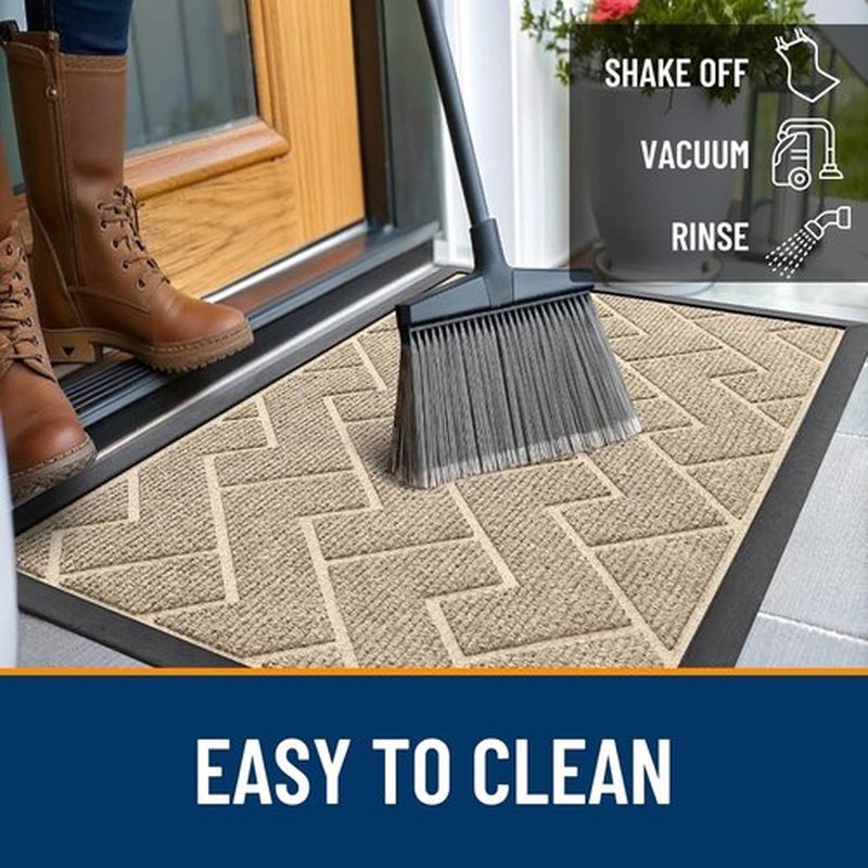OLANLY Indoor Outdoor Doormat - Waterproof All-Season Herringbone Design | Easy Clean, Low Profile (Beige, 59x35)