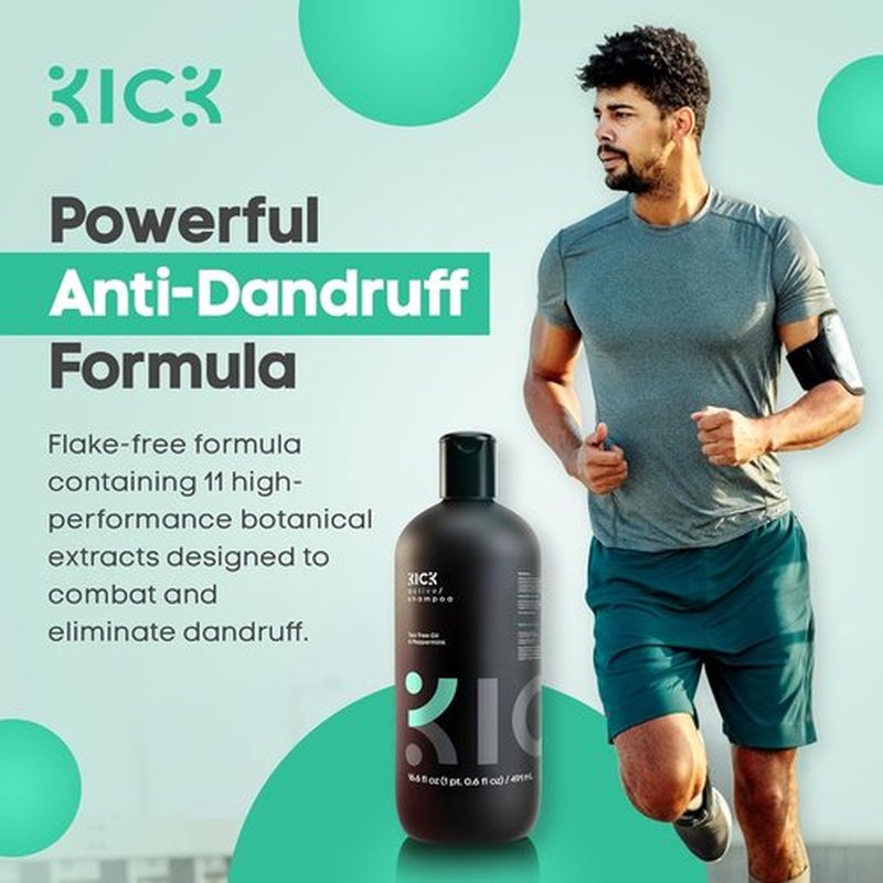Kick Mens Shampoo - Peppermint & Tea Tree Oil Control - Sulfate-Free Anti-Dandruff Formula - 16.6oz