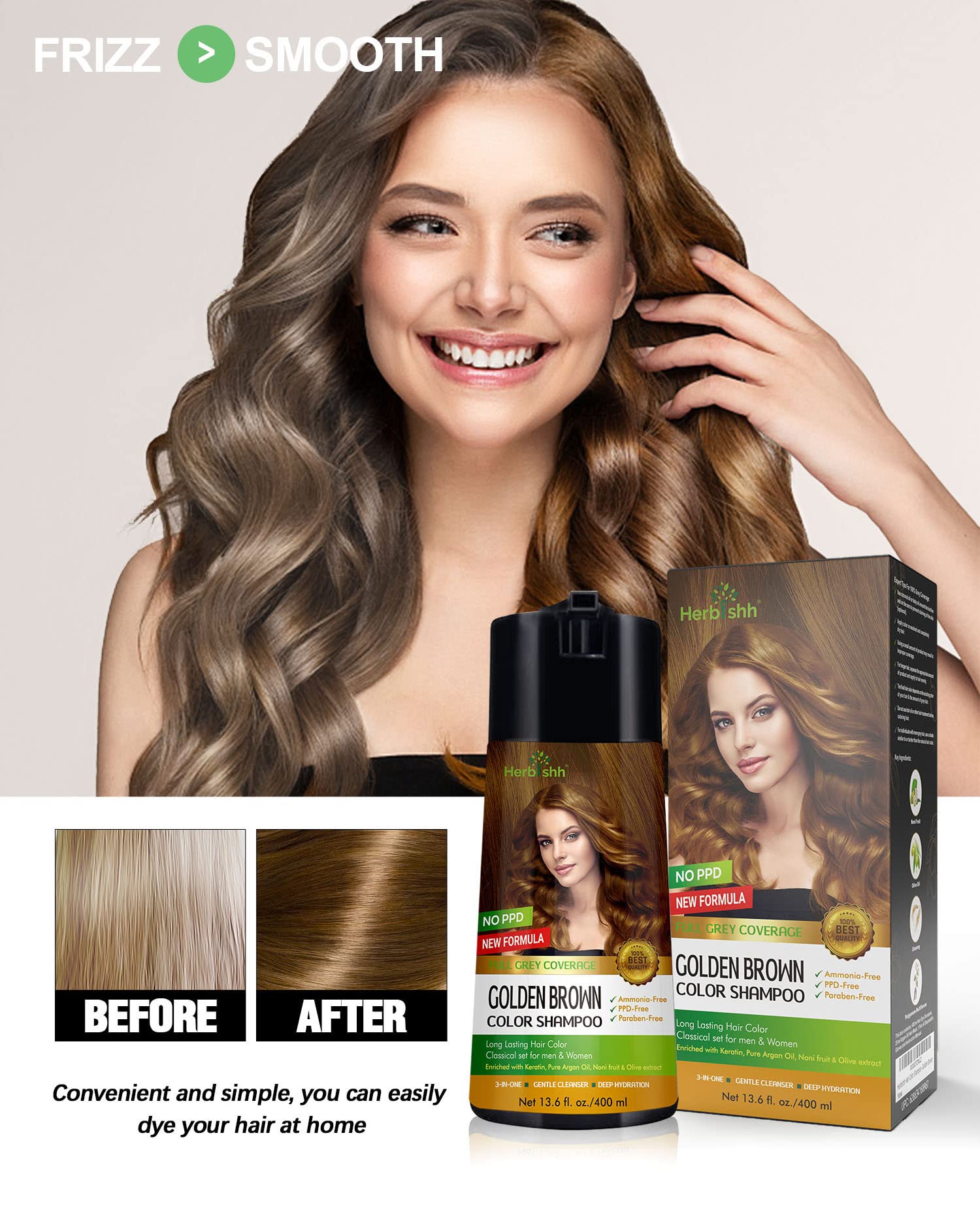 Herbishh Color Enriched Shampoo for Gray Hair - Long Lasting Hair Dye Formula and Conditioner (Golden Brown)