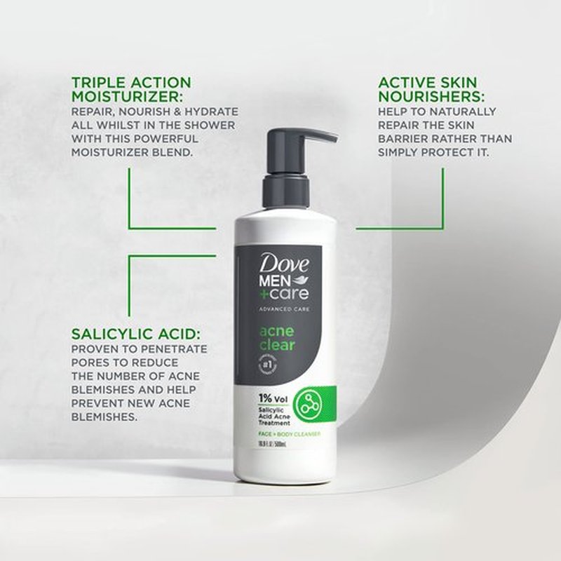 Dove Men+Care Advanced Care Cleanser Acne Clear 3 Count for Acne Prone Skin Face + Body Cleanser with 1% Salicylic Acid 16.9 oz