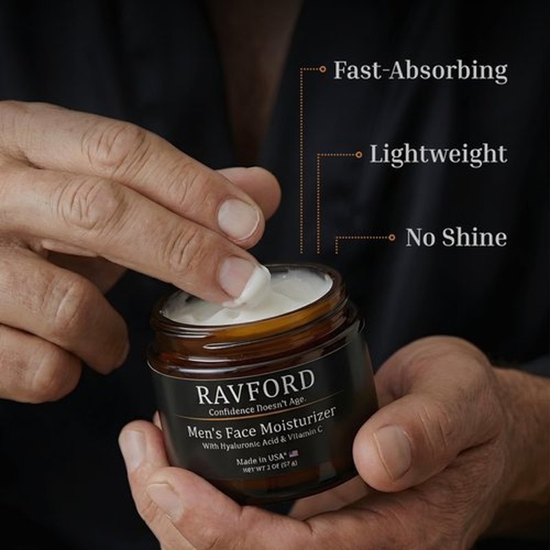 RAVFORD Men’s Face Moisturizer – Matte Finish, Fast-Absorbing, Non-Greasy Hydrating Cream for Dry & Aging Skin with Hyaluronic Acid, Vitamin C, Niacinamide & Aloe Vera – Unscented, Made in USA, 2 oz