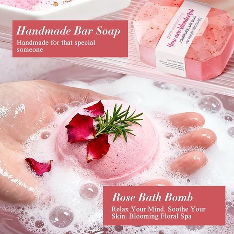 Spa Gifts for Women 7 Pcs Home Spa Kit Rose Gifts for Woman,Spa Gift Baskets Self Care Gifts Spa Gift for Women Birthday,Mothers Day Basket Easter Christmas Bath Set