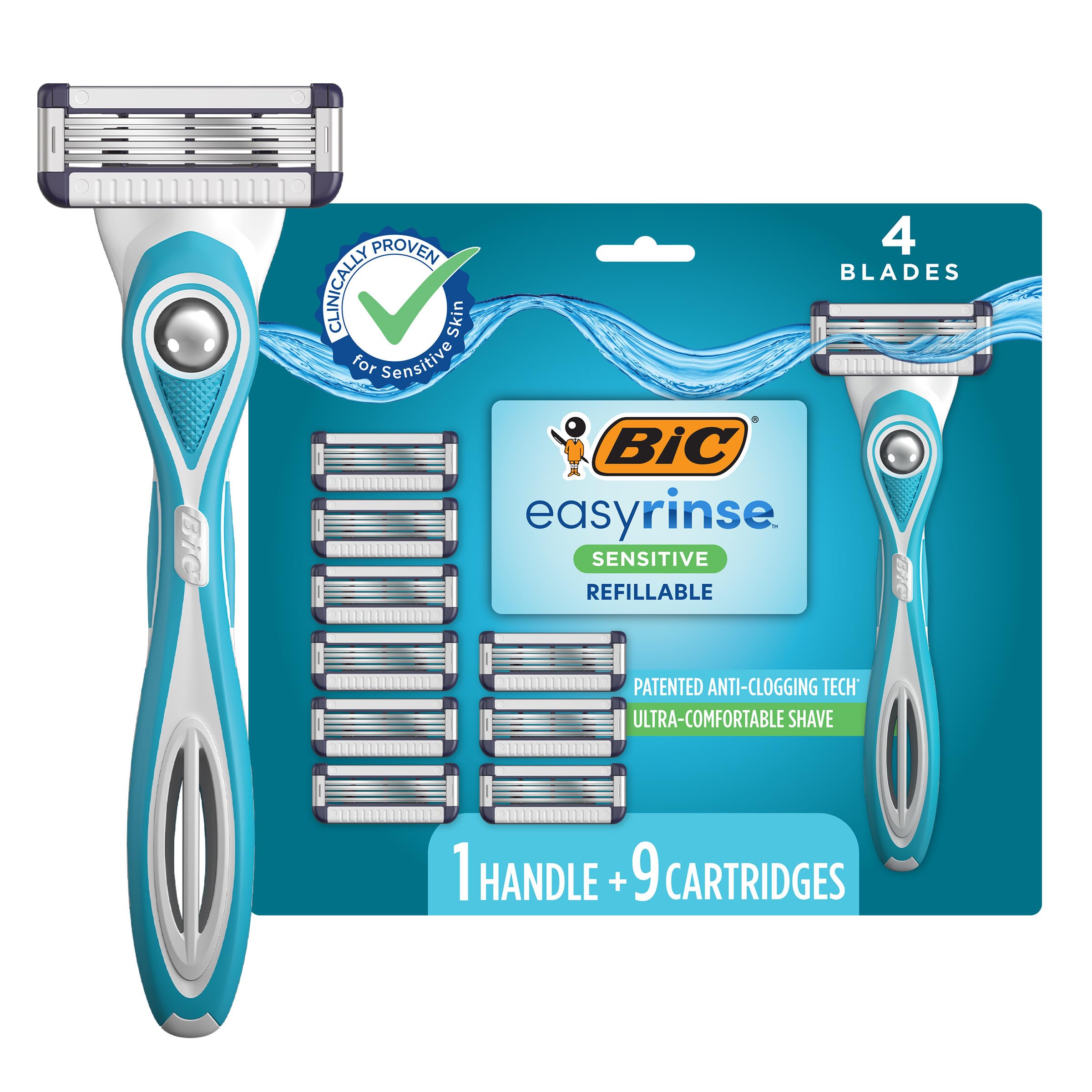 BIC EasyRinse Sensitive Anti-Clogging, Refillable Men's Razors With 4 Blades, 1 Handle and 9 Refill Razor Cartridges Razor Kit