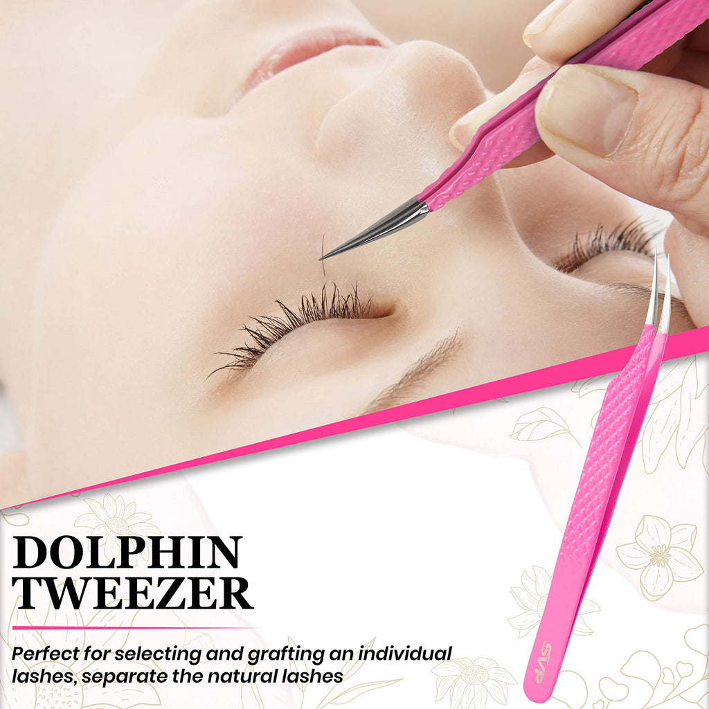 SV Fiber Tip Lash Tweezers For Eyelash Extensions With Diamond Grip, Professional Lash Tweezers Set of 5 - Precise Tips Japanese Steel for Classic, Volume & Mega Volume Lashes with Travel Case Box