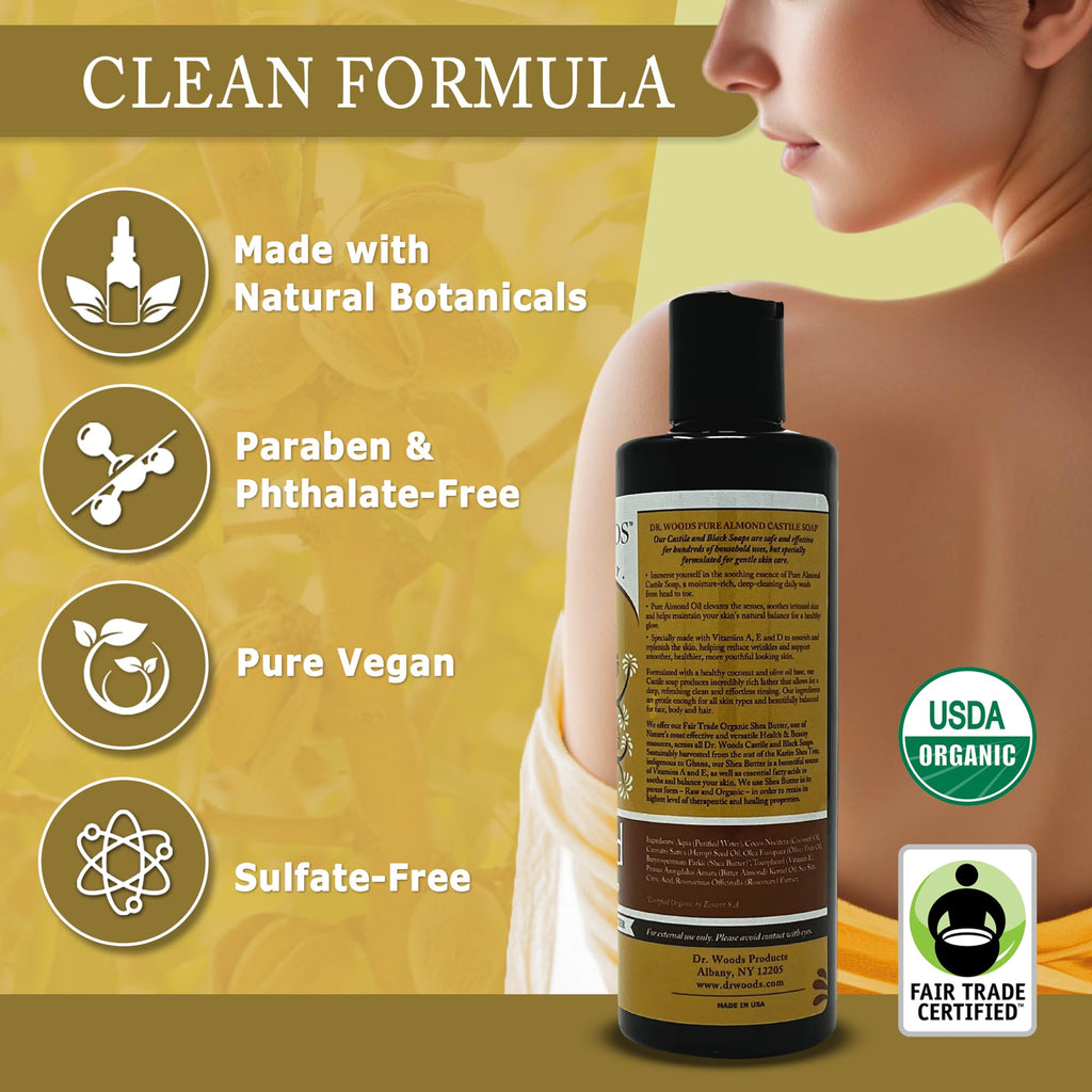 Dr. Woods Almond Liquid Castile Soap - Castile Soap with Pure Almond Oil, Body Wash for Men and Women, Contains Organic Shea Butter, Natural Cleaner for Face, Hands, and Body - 8 Fl Oz