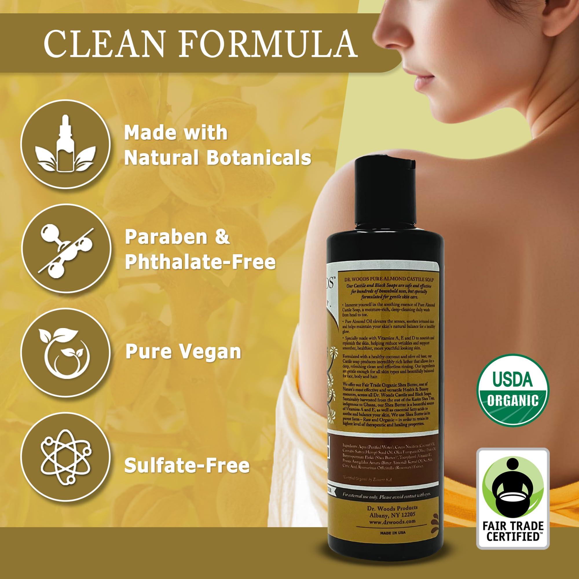 Dr. Woods Almond Liquid Castile Soap - Castile Soap with Pure Almond Oil, Body Wash for Men and Women, Contains Organic Shea Butter, Natural Cleaner for Face, Hands, and Body - 8 Fl Oz